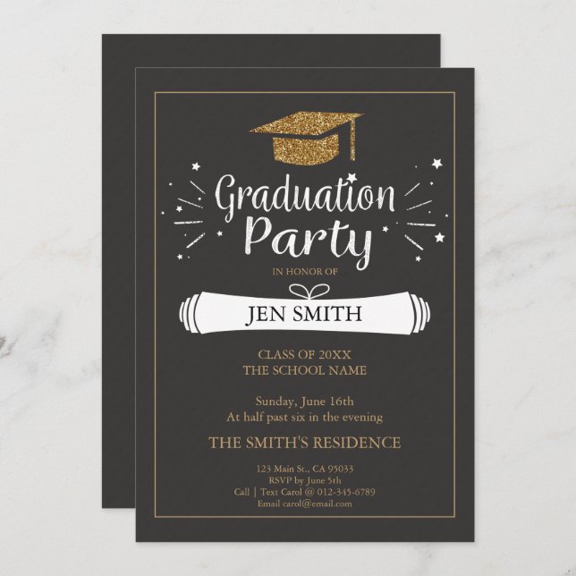 Faux Gold Glitter Cap Graduation Party Invitation (Front/Back)