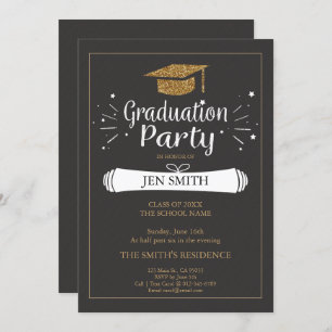 Faux Gold Glitter Cap Graduation Party Invitation