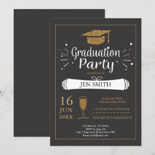 Faux Gold Glitter Cap Graduation Party Invitation