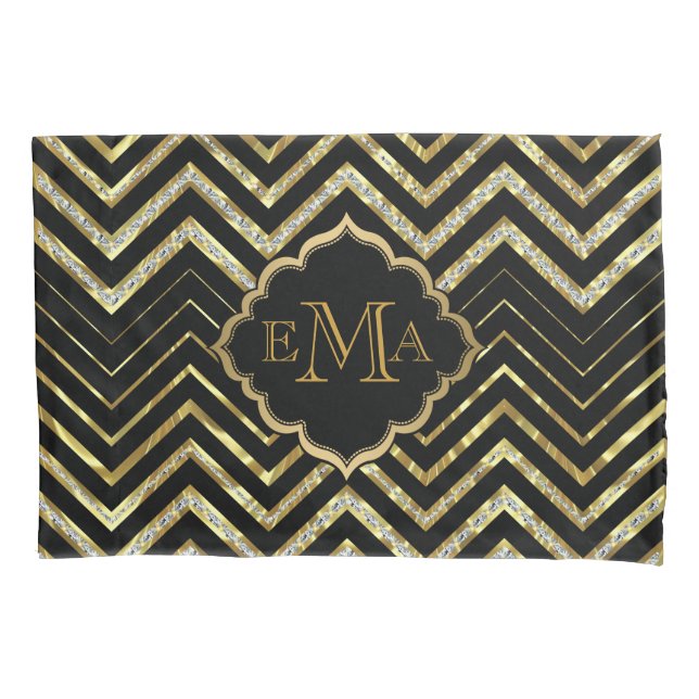 Faux Gold & Glitter Chevron Custom Black Back Pillowcase (Front)