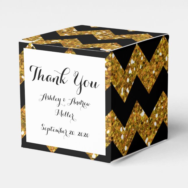 Faux Gold Glitter Chevron Pattern Black Solid Colo Favour Box (Front Side)