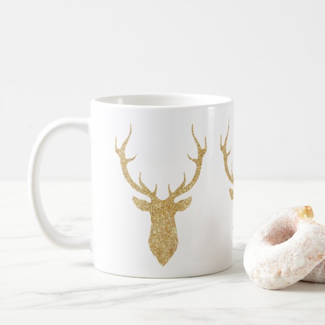 Faux Gold Glitter Christmas Deer Coffee Mug (With Donut)
