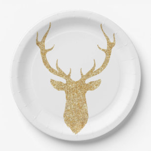 Faux Gold Glitter Christmas Deer Paper Plate