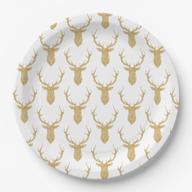 Faux Gold Glitter Christmas Deer Paper Plate (Front)