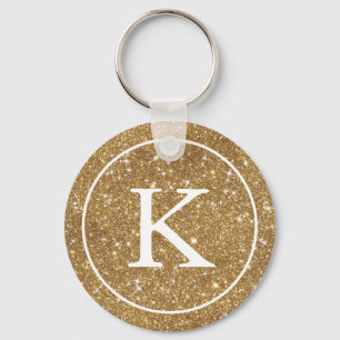 Faux Gold Glitter Circle   Monogram Initial Key Ring