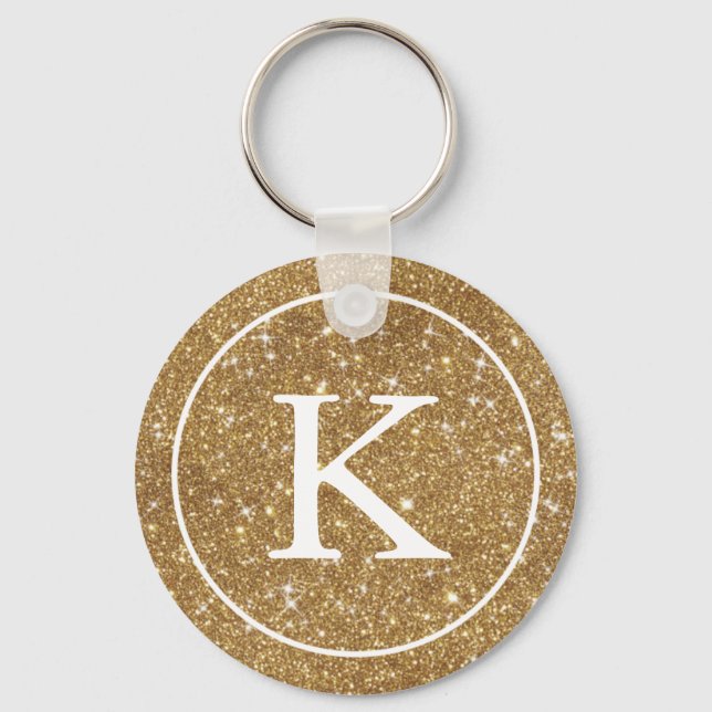 Faux Gold Glitter Circle | Monogram Initial Key Ring (Front)