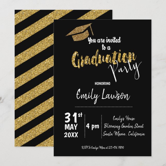 Faux Gold Glitter Class Of 2025 Graduation Party Invitation (Front/Back)