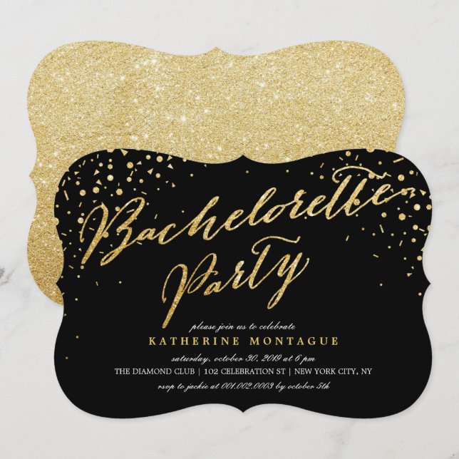 Faux Gold Glitter Confetti Chic Bachelorette Party Invitation (Front/Back)