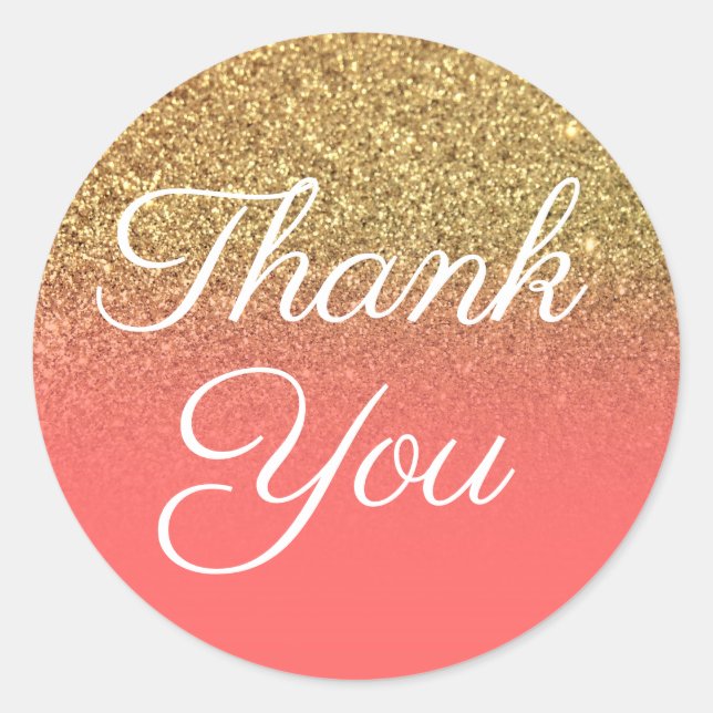 Faux Gold Glitter Coral Ombre Thank You Classic Round Sticker (Front)