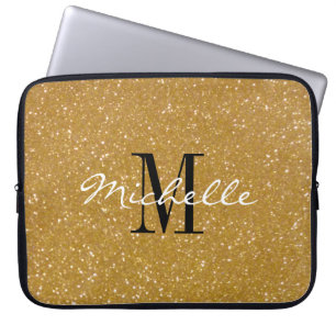 Faux gold glitter custom monogram laptop sleeve