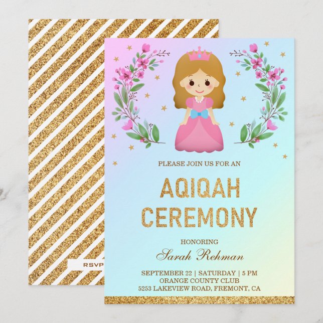 Faux Gold Glitter Cute Pink Princess Aqiqah Invitation (Front/Back)