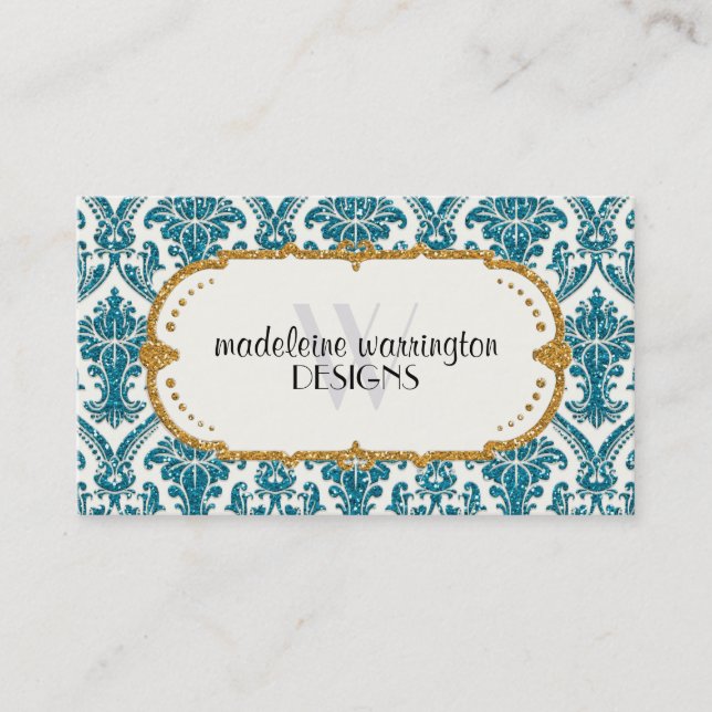 Faux Gold Glitter Damask Floral Pattern Business Business Card (Front)