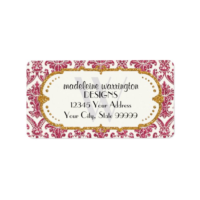 Faux Gold Glitter Damask Floral Pattern Business Label (Front)