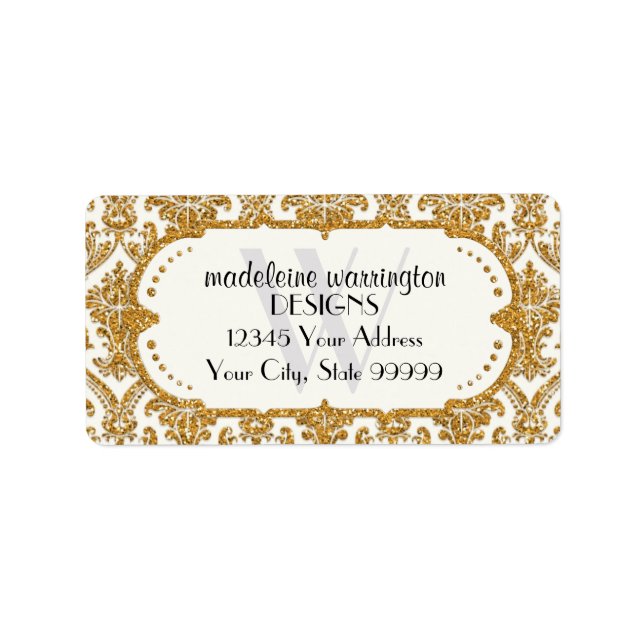 Faux Gold Glitter Damask Floral Pattern Business Label (Front)
