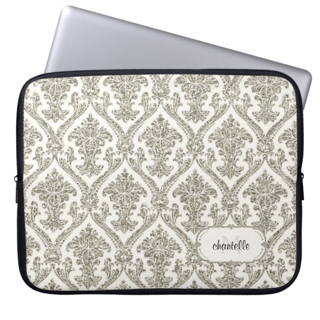 Faux Gold Glitter Damask Floral Pattern Customised Laptop Sleeve (Front)