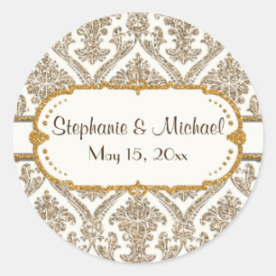Faux Gold Glitter Damask Floral Pattern Stationery Classic Round Sticker