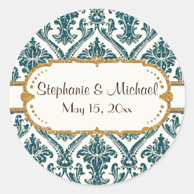 Faux Gold Glitter Damask Floral Pattern Stationery Classic Round Sticker (Front)