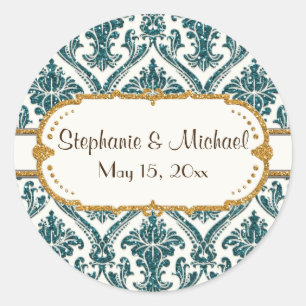 Faux Gold Glitter Damask Floral Pattern Stationery Classic Round Sticker