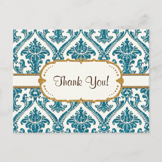 Faux Gold Glitter Damask Floral Pattern Stationery Postcard (Front)