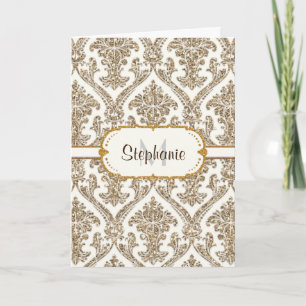 Faux Gold Glitter Damask Floral Pattern Stationery Thank You Card