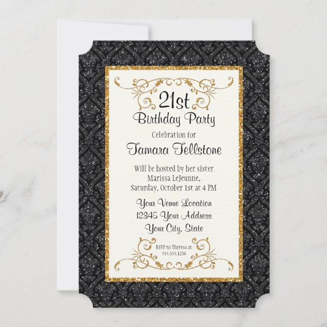 Faux Gold Glitter Damask Ticket Style Birthday Invitation (Front)