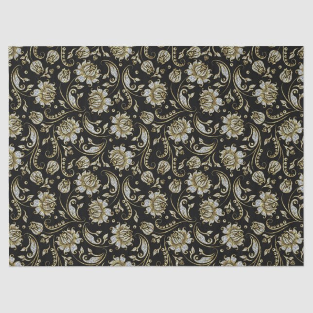 Faux Gold & Glitter Damasks Black Background Tissue Paper (Front)