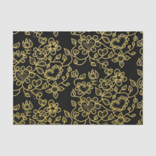 Faux Gold Glitter Doodle Flowers On Black Tissue Paper