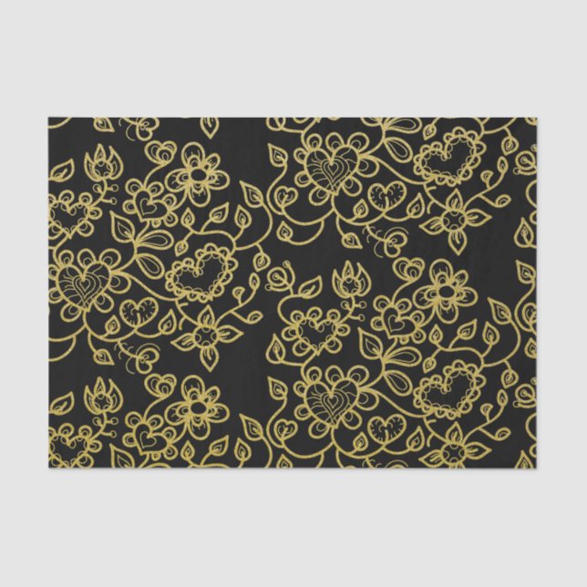 Faux Gold Glitter Doodle Flowers On Black Tissue Paper (Front)