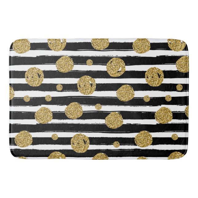 Faux gold glitter dots Black white stripes Bath Mat (Front)