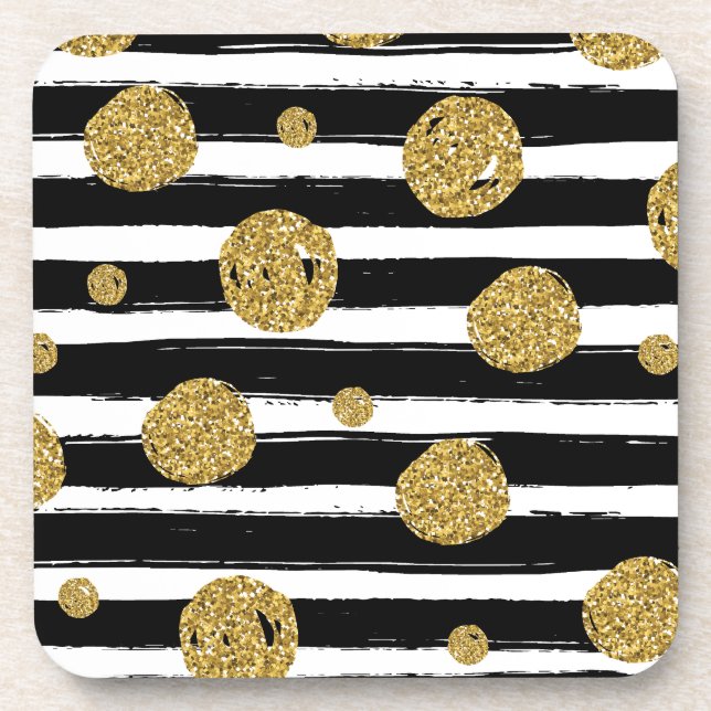 Faux gold glitter dots Black white stripes Coaster (Front)