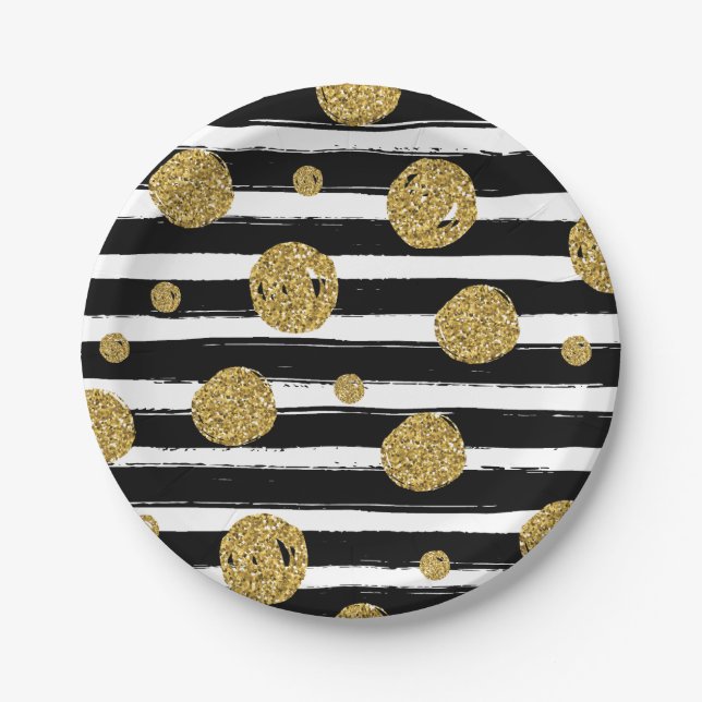 Faux gold glitter dots Black white stripes Paper Plate (Front)