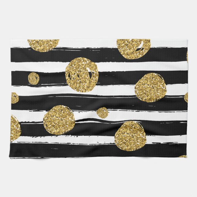 Faux gold glitter dots Black white stripes Tea Towel (Horizontal)
