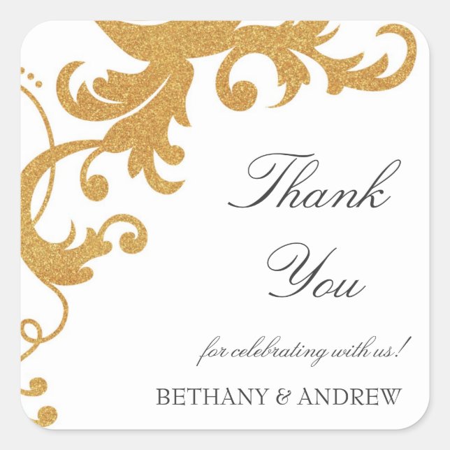 Faux Gold Glitter Elegant Damask Thank You Sticker (Front)