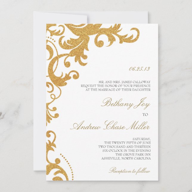 Faux Gold Glitter Elegant Damask Wedding Invite (Front)