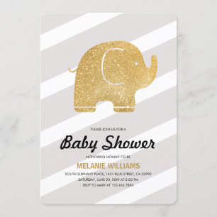 Faux Gold Glitter Elephant Grey Baby Shower Invite