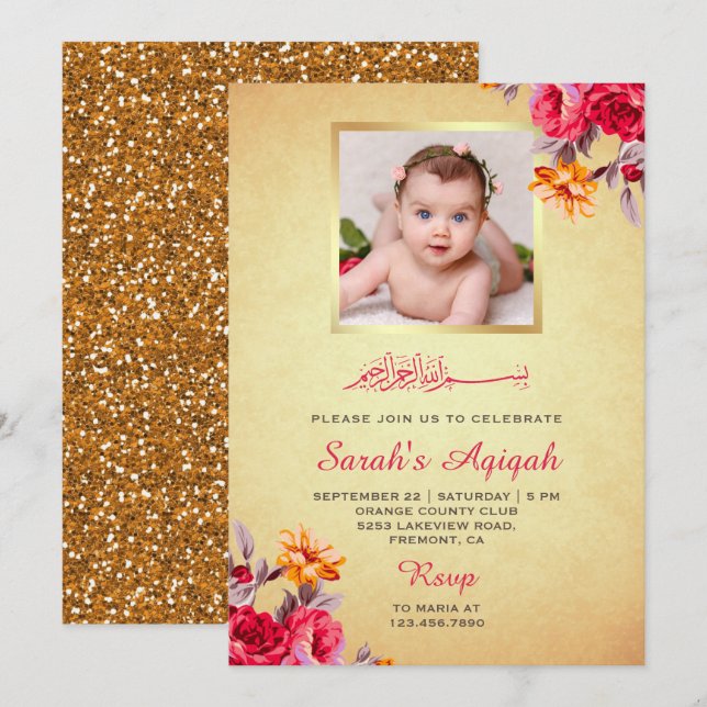 Faux Gold Glitter Floral Baby Girl Photo Aqiqah Invitation (Front/Back)