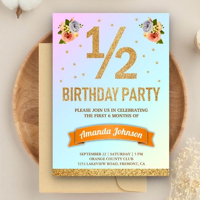 Faux Gold Glitter Floral Half Birthday Party Invitation (Creator Uploaded)