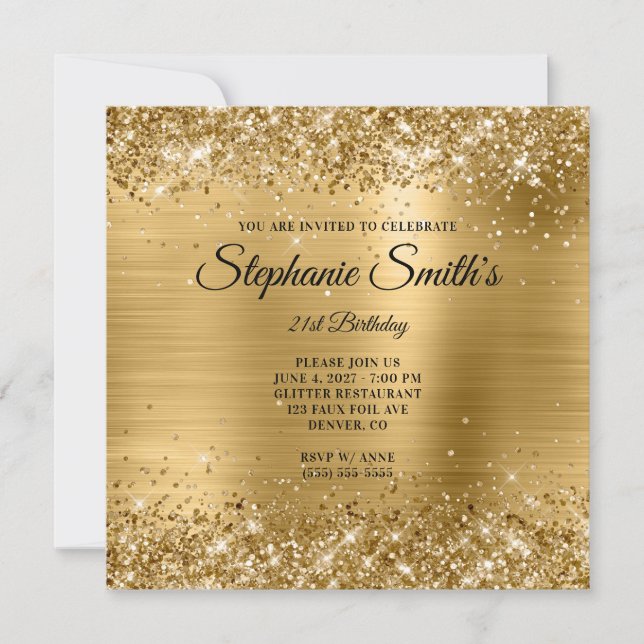 Faux Gold Glitter Foil Monogram 21st Birthday Invitation (Front)