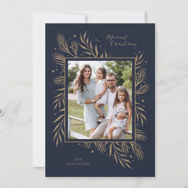 Faux Gold Glitter Foliage Christmas Holiday Card (Front)