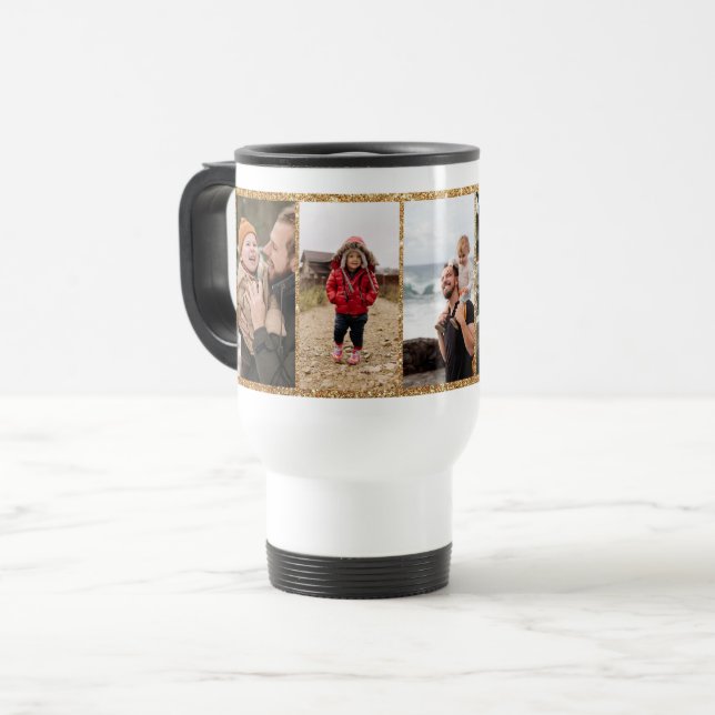 Faux Gold Glitter Frame 5 Photos Travel Mug (Front Left)