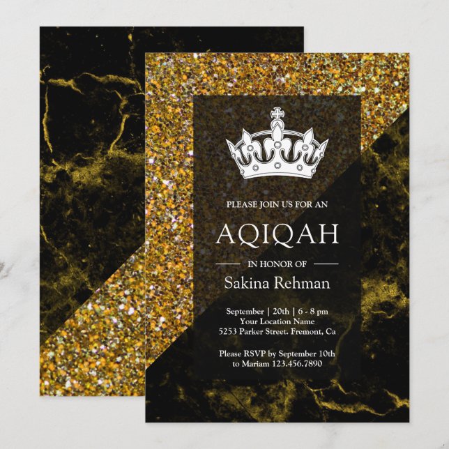 Faux Gold Glitter Gold Marble Aqeeqah | Aqiqah Invitation (Front/Back)