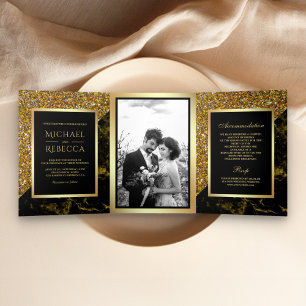 Faux Gold Glitter Gold Marble Photo Wedding Tri-Fold Invitation