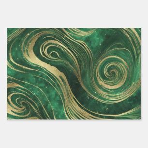 Faux Gold Glitter Green Marble Swirls AI Art  Wrapping Paper Sheet