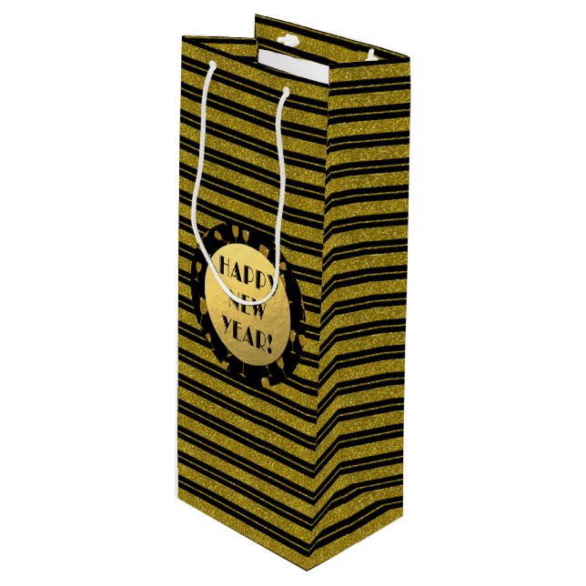Faux Gold Glitter, Happy New Year Wine, Glossy Wine Gift Bag (Front Angled)