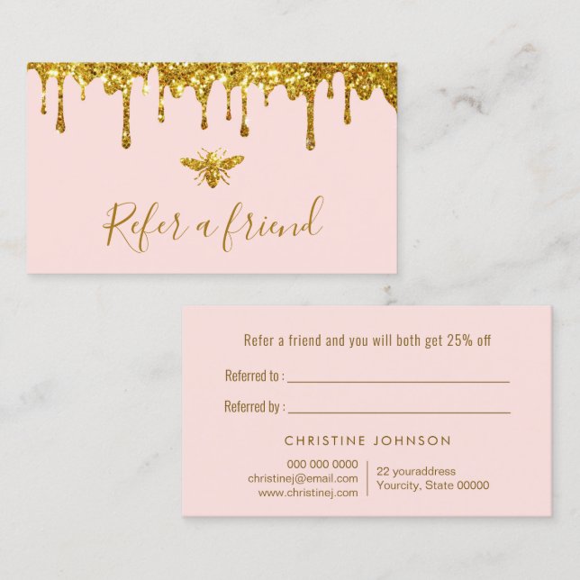 faux gold glitter honey on pink referral card (Front/Back)