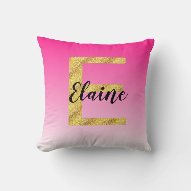 Faux Gold Glitter Initial Letter E Pink Gradient Cushion (Front)