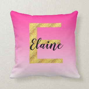 Faux Gold Glitter Initial Letter E Pink Gradient Cushion