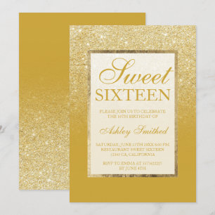 Faux gold glitter lemon curry chic Sweet 16 Invitation