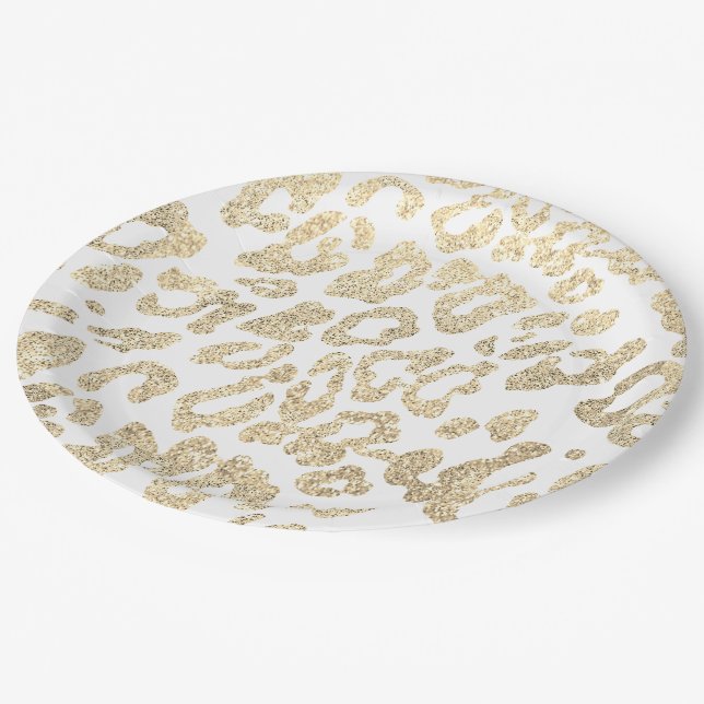 faux gold glitter leopard pattern paper plate (Angled)