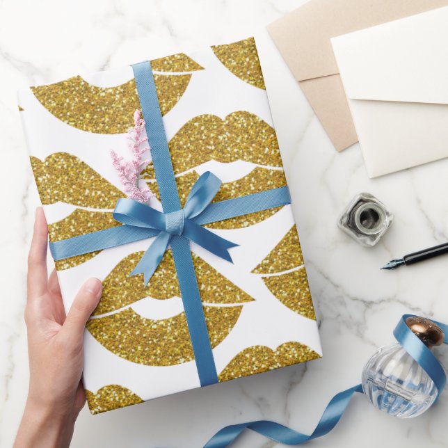 Faux Gold Glitter Look Lips Pattern Wrapping Paper (Gifting)